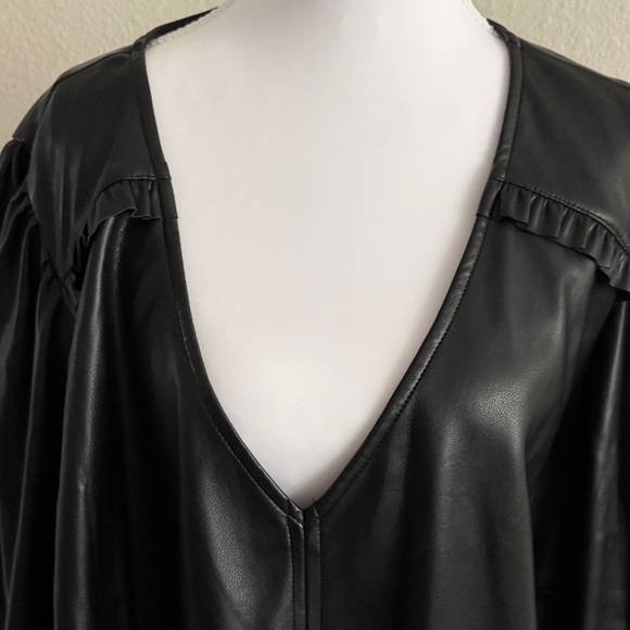 Marc New York Black FAUX LEATHER V-Neck Blouse - Picture 2 of 3